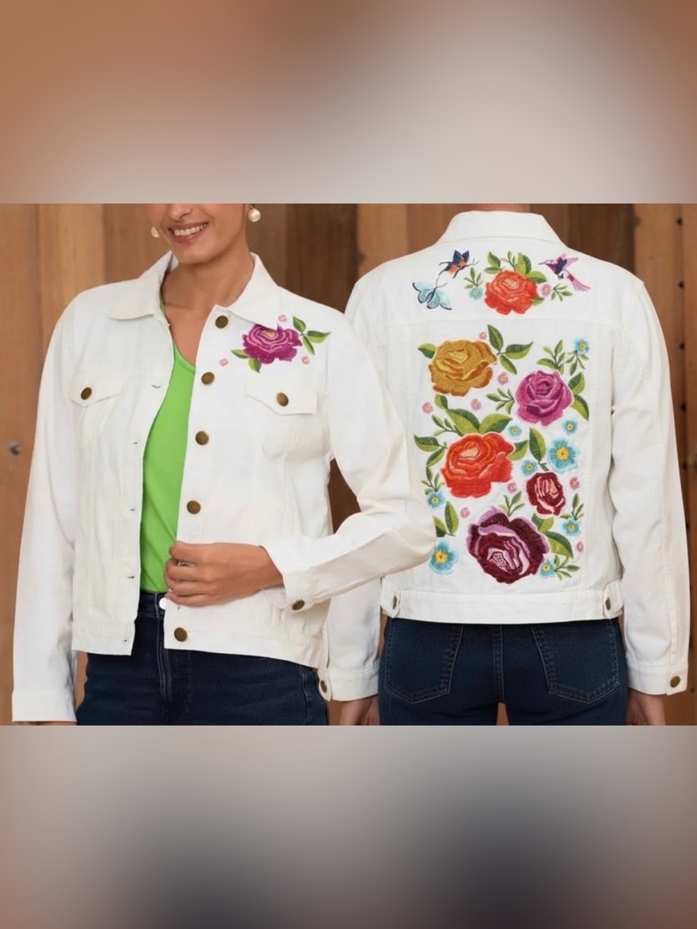 The Pyramid Collection Embroidered Rose Lightweight 100% Cotton Jacket, SMALL